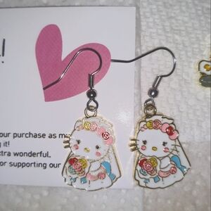 Hello Kitty Bride Dangle Earrings Silver Enamel Stainless Steel Earwires NEW